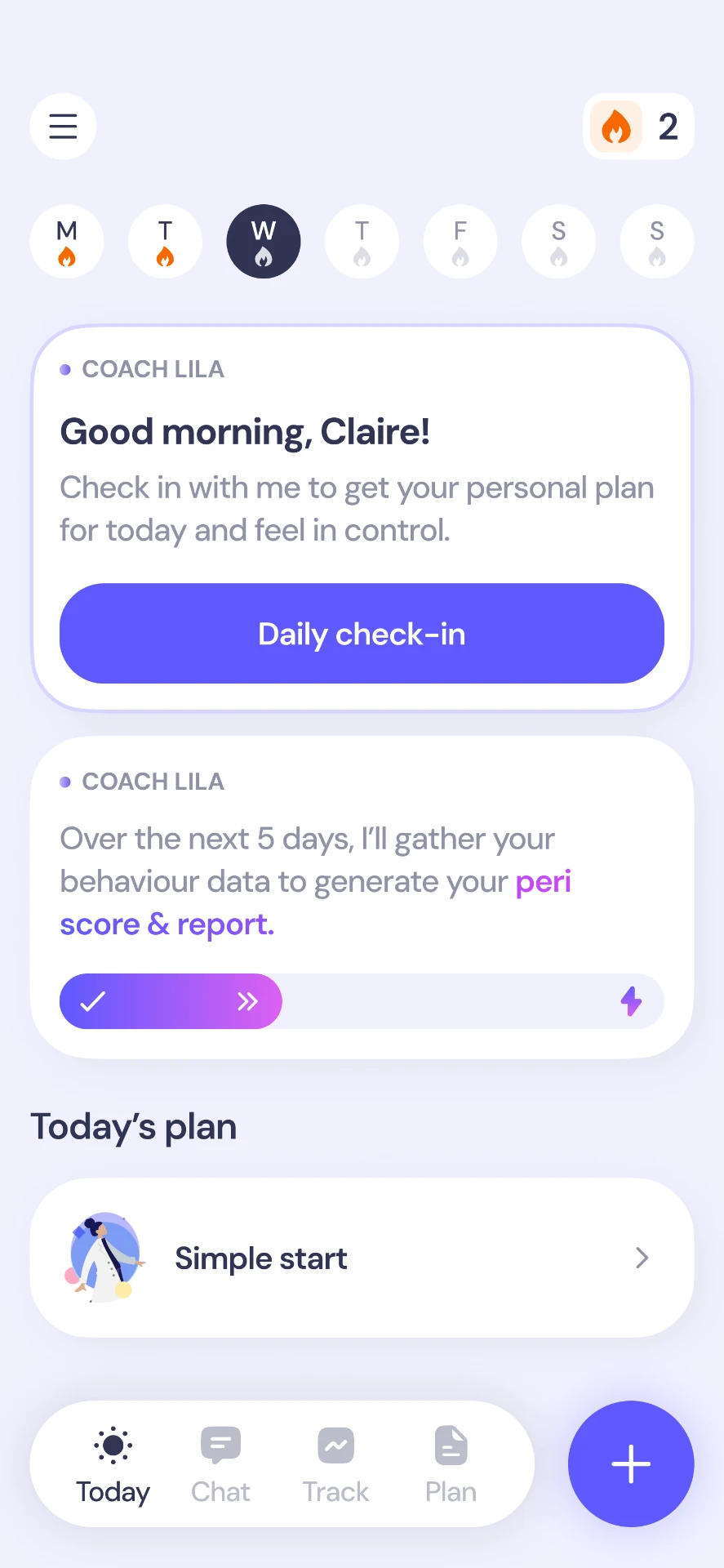 Lila app home screen with daily check-in