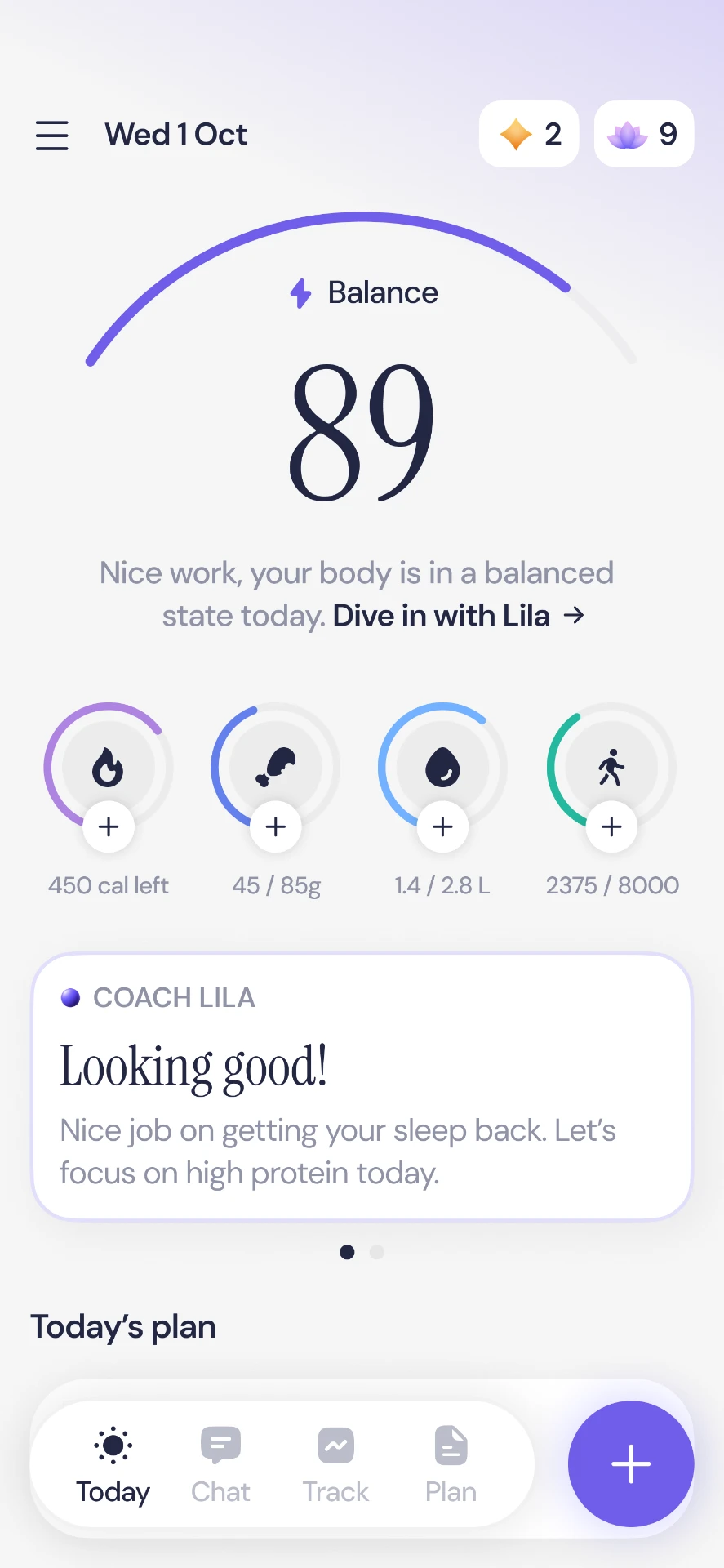 Lila app home screen with your daily balance and coach tip